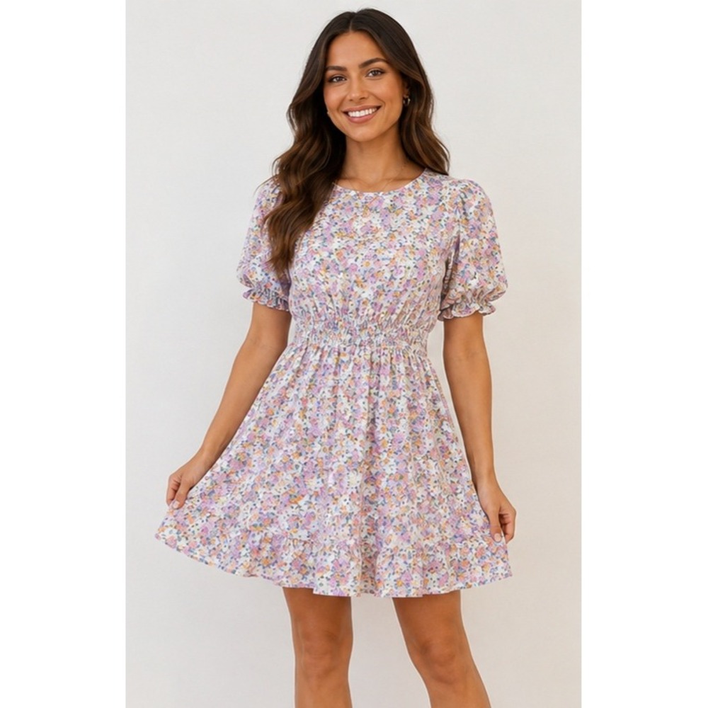 Faithfull The Brand Floral Mini Dress Puff Sleeve Smocked Waist Pink Rayon
